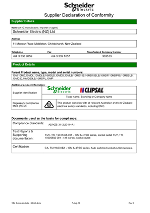 Standard Series Declaration of Conformity 10M, 4PSO, 415 Series Sockets