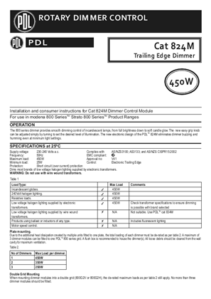 Modena 800 Series and Strato 800 Series installation and operating instructions for 824M dimmer control module