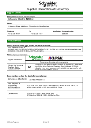 Standard Series, 493 Plugs, Declaration of Conformity