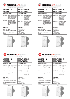 Modena 800 Series and Strato 800 Series installation and wiring instructions for 880TPB1 and 880TPB2, single and double gang push button switches with optional LED.  880MT1SPB and 880MT2SPB single and double momentary push button switches with optional LED