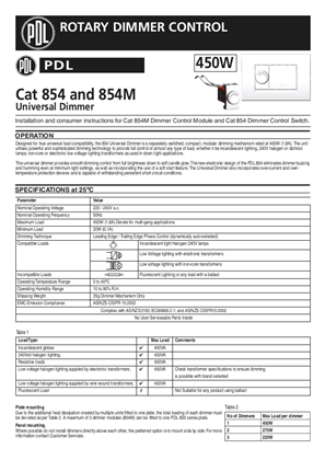 Modena 800 Series and Strato 800 Series installation and operating instructions for 854M dimmer control module and 854 Dimmer control switch