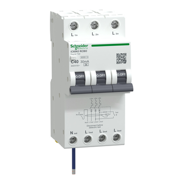 Acti9 IC60 RCBO, Residual Current Breaker With Overcurrent Protection (RCBO), 3P+Ns, C Curve, 40A, 30mA,mmtype, 6000A