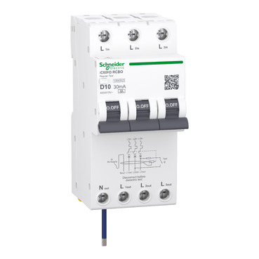 Acti9 IC60H3, Residual Current Breaker With Overcurrent Protection (RCBO), 3P+Ns, D Curve, 10A, 30mA,mmtype, 10000A
