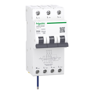 Acti9 IC60H3, Residual Current Breaker With Overcurrent Protection (RCBO), 3P+Ns, D Curve, 25A, 30mA,mmtype, 10000A