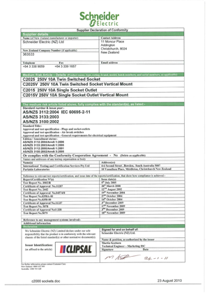 Classic C2000 Series, Sockets, Supplier Declaration of Conformity