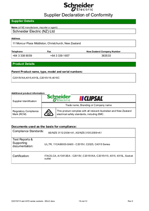 Classic C2000 Series, C2015V15 and 4015 Series Sockets, Declaration of Conformity