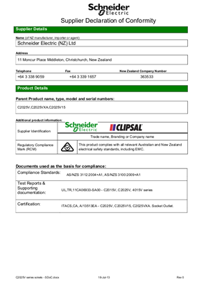Classic C2000 Series, C2025V Series Sokets, Declaration of Conformity