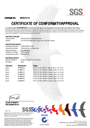 Clipsal, MAX9 Miniature Circuit Breaker, Certificate, RCM, SGS SA Pty Ltd