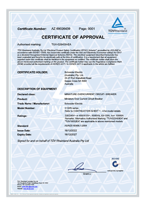 Schneider Electric, C120N series Mini Circuit Breakers, Certificate, TUV Aust. Pty Ltd