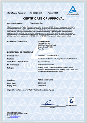 Schneider, Vigi C120 series RCBO, Certificate, RCM, TUV Rheinland PTY. LTD