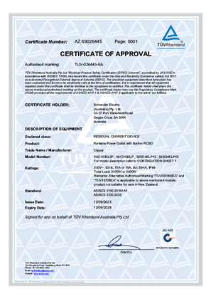 Clipsal, 56 series portable RCD protected sockets, Certificate, RCM, TUV PTY. LTD