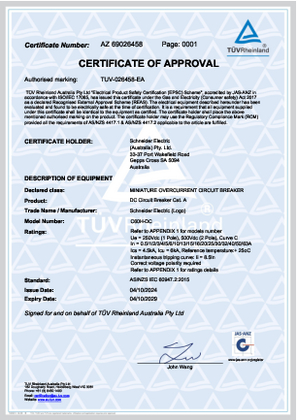 Schneider Electric, C60H-DC Mini circuit breakers, Certificate, TUV Aust. Pty Ltd