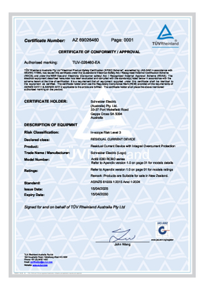 Schneider, Acti9 iC60 RCBO series, certificate, RCM, TUV Pty Ltd