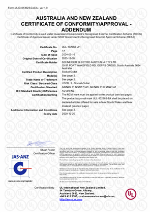 Clipsal 3015/4 and PDL395H4 socket outlet series, Certificate, RCM, ULNZ LTD