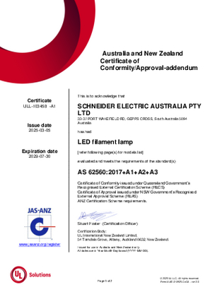 Clipsal, 7500 and 7600 LED filament lamp, Certificate, RCM, ULNZ LTD
