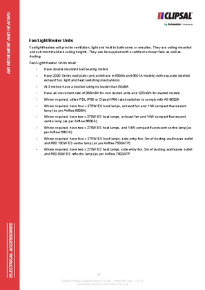 Technical Specifications - Fan Light Heater Units