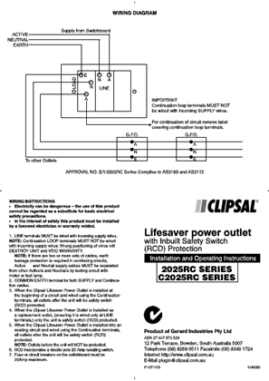 Installation and Operating Instructions - Lifesaver Power Outlet with Inbuilt Safety Switch (RCD) Protection - F1071/03