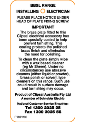 Installation Instructions - F1891/02 - BBSL Range Cleaning Cord Information Tag, 17585