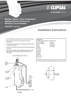 Installation Instructions - F166/06 - 4RCBE Series Module (18mm) 1 Pole Combination, Residual Current Device and Miniature Circuit Breaker, 21101