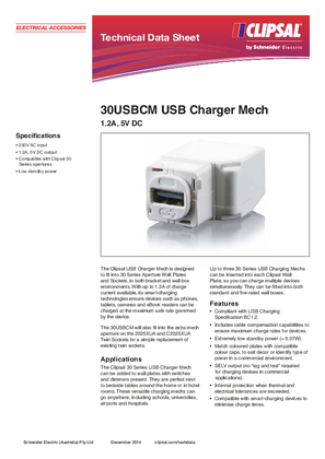Product Data Sheet - 30USBCM USB Charger Mech 1.2A, 5V DC, 117651