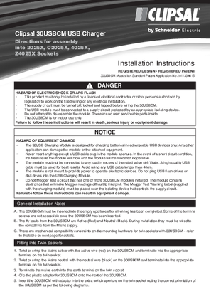 Installation Instructions - F2799 - 4025USBC, Z4025USBC Clipsal 30USBCM USB Charger
