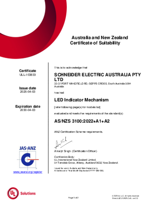Schneider Electric, 40N and PDL310ML, LED Indicator Mechanisms, Certificate, RCM, ULNZ LTD