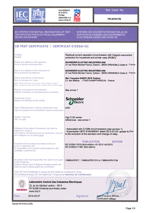 Certificate Vigi C120 10kA according to IEC 61009-1 and IEC 61009-2-1