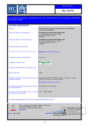 CB Certificate for MCB  iC60H  according to IEC 60898-1