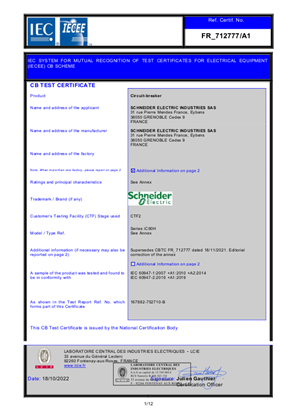 CB Certificate for MCB iC60H according to IEC 60947-2