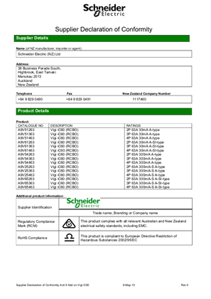 Acti 9 iDPN Vigi, iC60, Supplier Declaration of Conformity