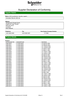 Acti 9 iDPN Vigi, C120 MCB, Supplier Declaration of Conformity