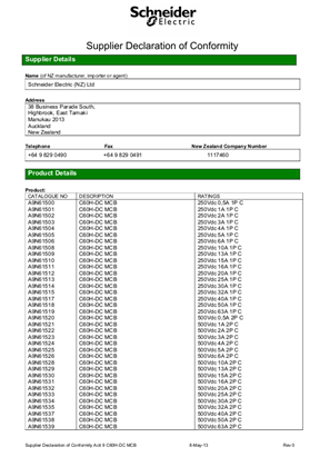 Acti 9 iDPN Vigi, C60H-DC MCB, Supplier Declaration of Conformity