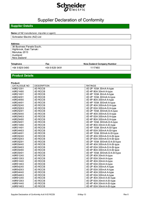 Acti 9 iDPN Vigi, iID RCCB, Supplier Declaration of Conformity