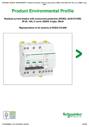 Residual current breaker with overcurrent protection (RCBO), Acti9 iCV40N,
3P+N, 16A, C curve, 6000A, A type, 30mA - Product Environmental Profile