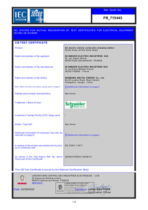EVlink Home, CB Certificate, IEC, LCIE