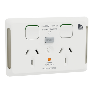Medilec, Twin Switched Socket, 20A For RCD, 10mA, 10A, Horizontal, Antibacterial