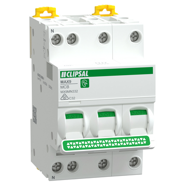MAX9, Miniature Circuit Breaker, 3P+N, 32A, C Curve, 6000A