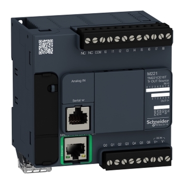 Modicon M221 gépvezérlő PLC, 16 I/O, tranzisztor (source) kimenet, RS232/RS485, Ethernet Modbus TCP/IP, 24 VDC TM221CE16T