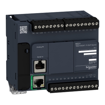 Modicon M221 gépvezérlő PLC, 24 I/O, tranzisztor (source) kimenet, RS232/RS485, Ethernet Modbus TCP/IP, 24 VDC TM221CE24T