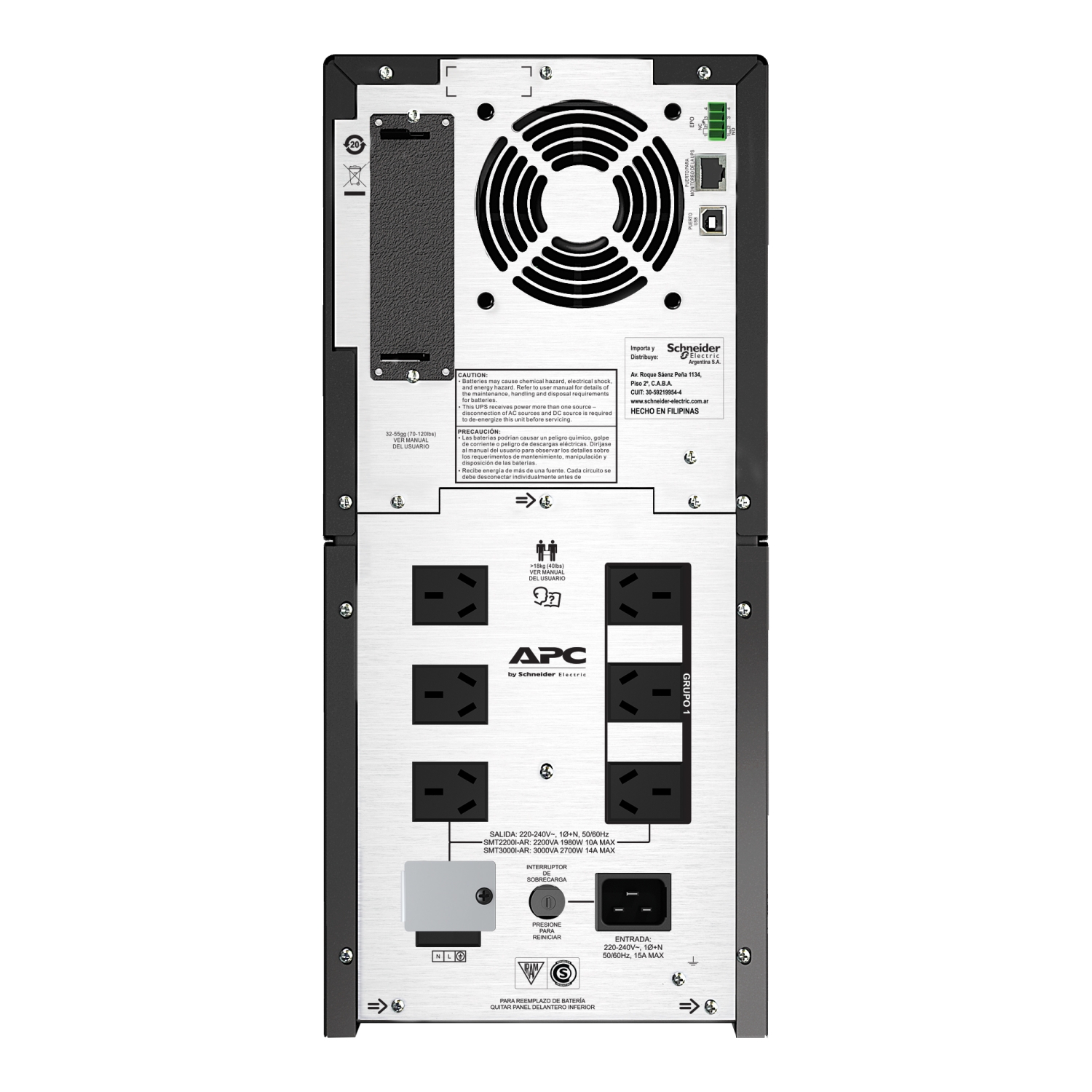 APC Smart-UPS, línea interactiva, 3kva, torre, 230V, 6x IRAM + 1x cableado (1P + N + E) Outlets, SmartSlot, AVR, LCD