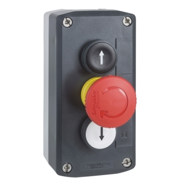 Control station, plastic, dark grey lid, 2 flush push buttons Ø22, marked UP ARROW / DOWN ARROW, 1 red mushroom Ø30 XALD328