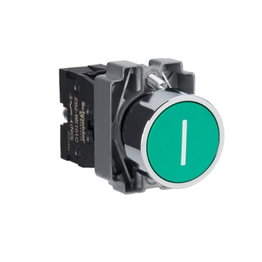 Easy Harmony XB2, Nyomógomb, zöld, 1 NO, jelölt I, fém, panelbe süllyesztett, 22mm, visszatérő XB2BA3311C