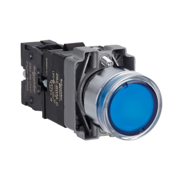 Easy Harmony XB2, Világító nyomógomb, kék, AC 220V, fém, panelbe süllyesztett, 22mm, visszatérő XB2BW36M1C