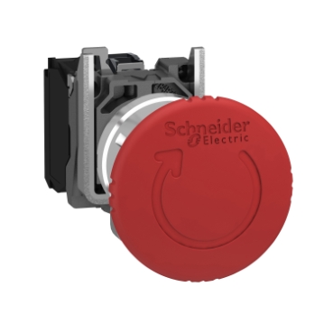 Emergency stop switching off, Harmony XB4, metal, red mushroom 40mm, 22mm, trigger/latching turn to release, 2NC with monitoring XB4BS84462